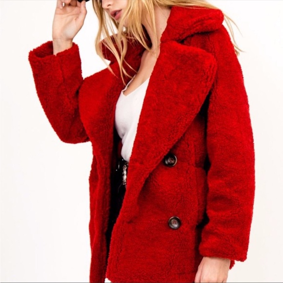 New Teddy shearling faux fur jacket coat in red size S - Picture 3 of 10